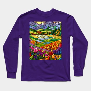 Stained Glass Colorful Mountain Flowers Long Sleeve T-Shirt